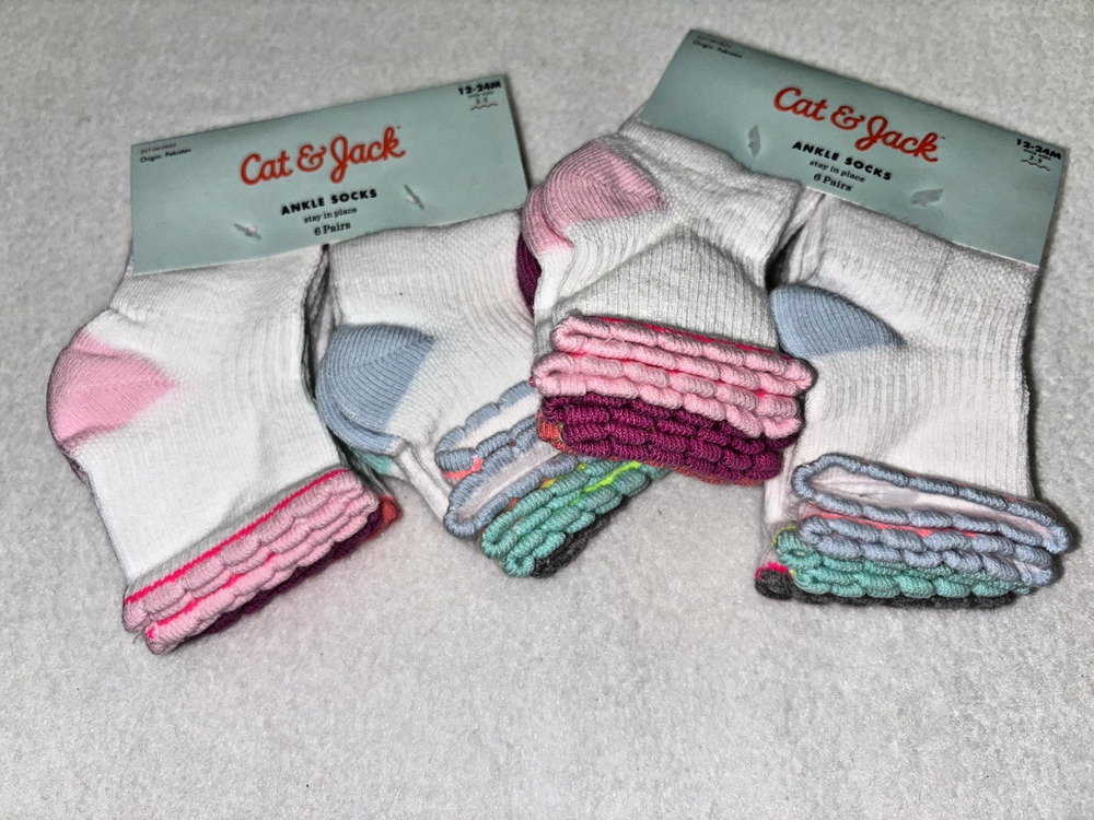 Cat & Jack Ankle Socks Size 12-24 Months Girls Lot of 12 Pair New with Tags